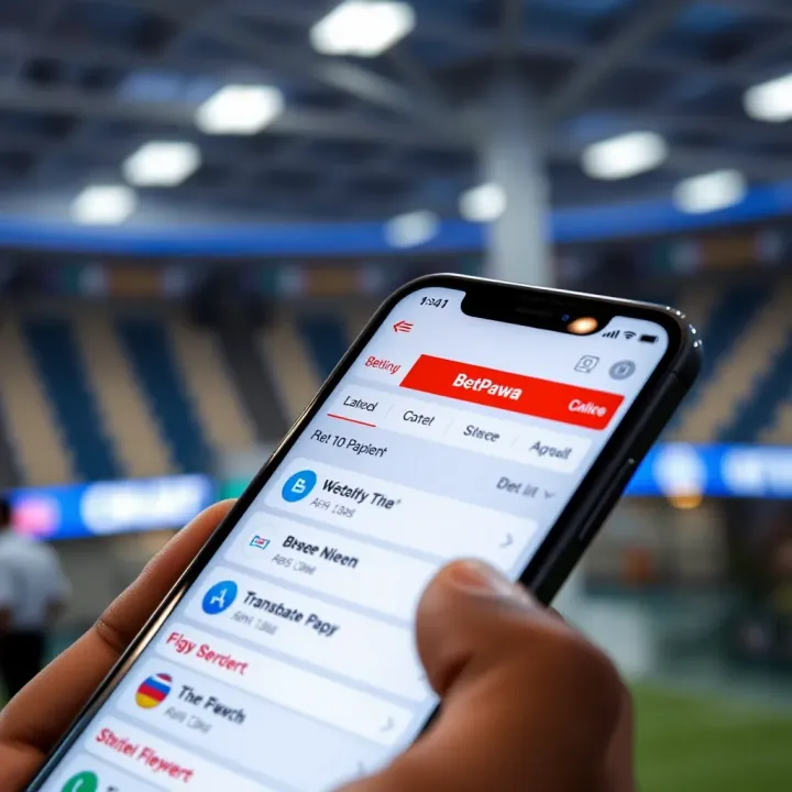 Close-up of a smartphone displaying the BetPawa app interface with transaction options and betting features