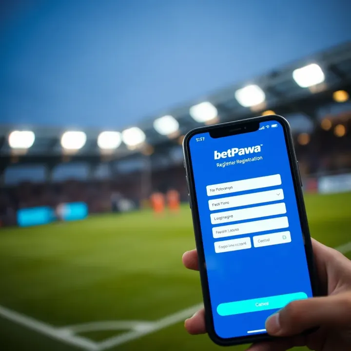 Mobile phone displaying BetPawa registration screen with form fields