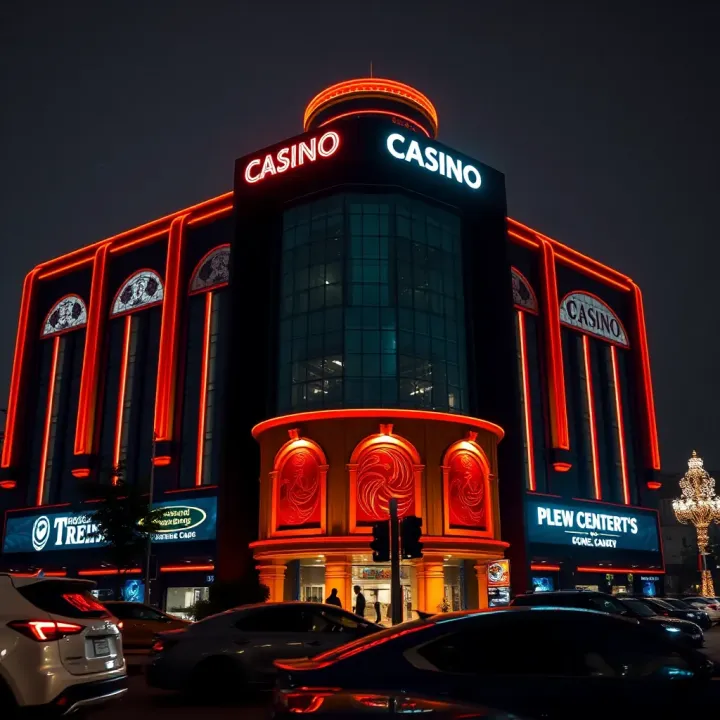 Exterior view of a vibrant casino building illuminated at night in Lagos