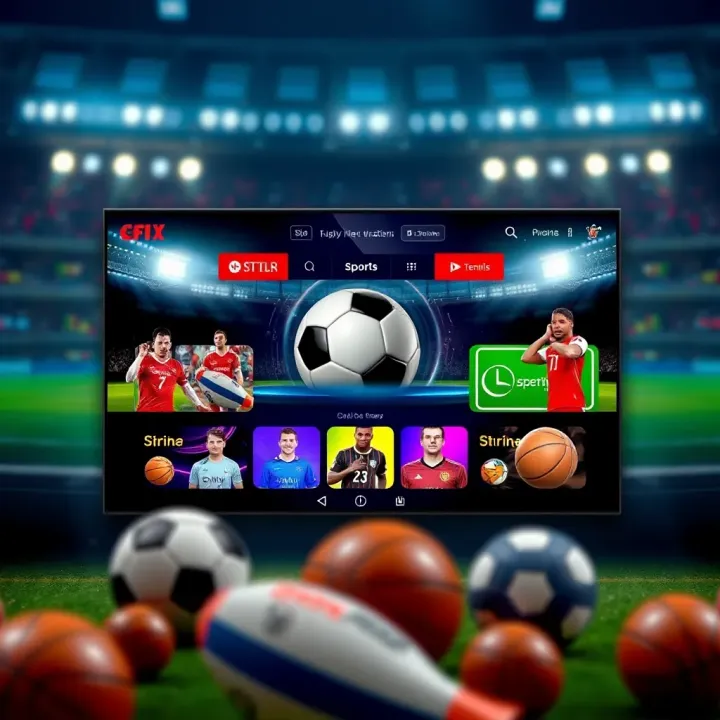 Various sports icons representing football, basketball, and tennis around a digital streaming interface